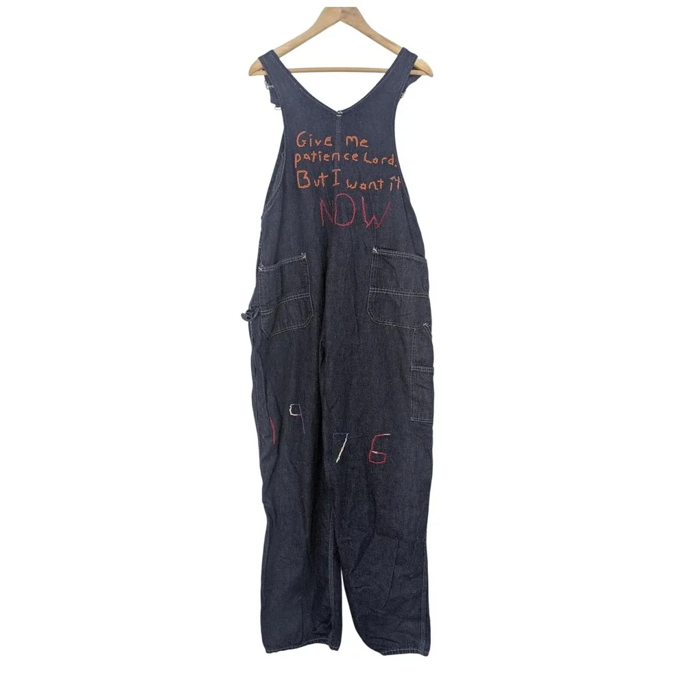 1970s dark indigo denim Embroidered and patchwork‎ customized overalls, American - Picture 9 of 9